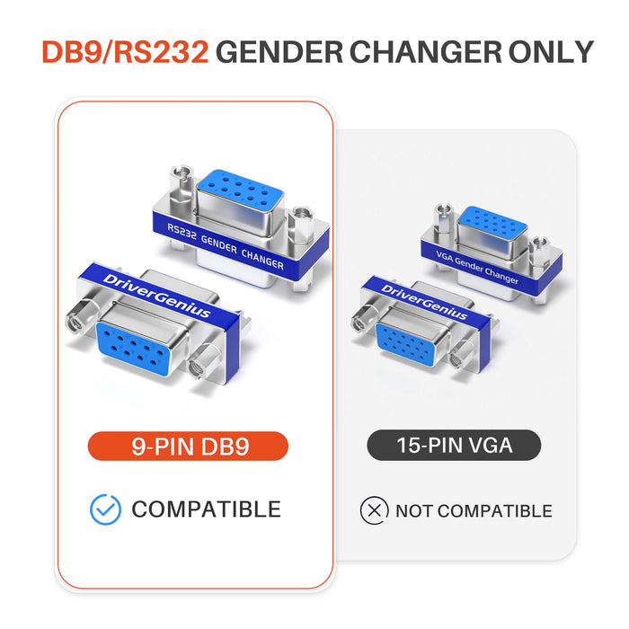 DriverGenius DB9 RS232 Gender Changer Male-to-Male, 9-Pin Serial Adapter for Industrial & Legacy Devices (RS232M2M-4A, 4-Pack)