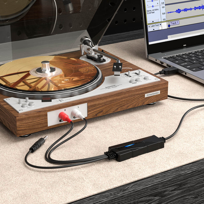 DriverGenius AudioXfer USB Audio Capture Device – Capture Audio from Cassette, Vinyl, MD & More via 3.5mm/RCA Connections for Music Enthusiasts & Podcasters | PC, Mac & Linux Compatible (AV202-B)