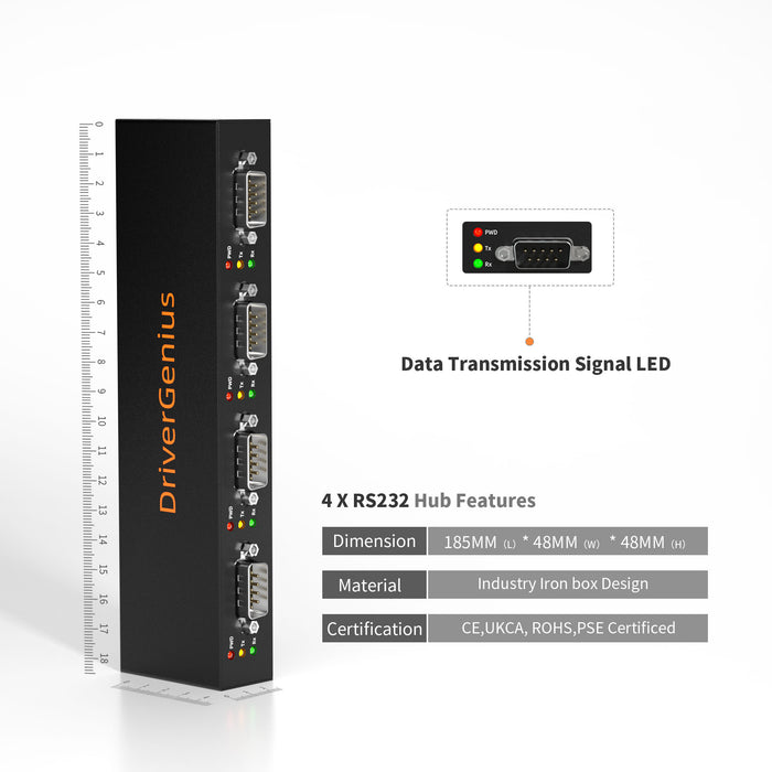 DrierGenius 4XRS232 Hub Adattatore Seriale USB a Seriale/DB9/RS-232 4 Porte - Windows 11 & macOS 11
