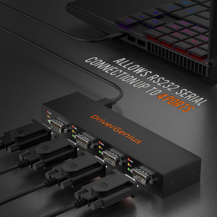 DrierGenius 4XRS232 Hub Adattatore Seriale USB a Seriale/DB9/RS-232 4 Porte - Windows 11 & macOS 11