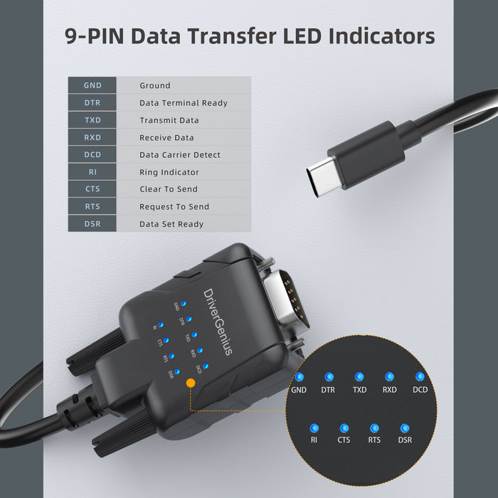 DriverGenius Professional USB-C to RS-232(DB9) Converter Cable w/ 9-LED Indicator - Windows 11 & macOS 14 (USB232A-E-C)